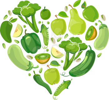 Heart with green vegetabels and fruits. Green raw organic food in form heart. Vector illustration