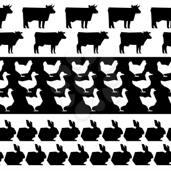 Farm animals silhouettes seamless borders. Black and white silhouette farm animal. Vector illustration
