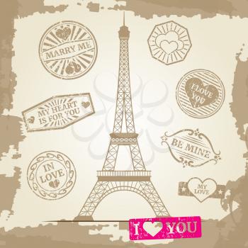 Hipster or vintage postcard background - Eiffel Tower with love prints. Vector illustration
