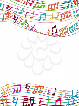 Musical background with colorful music notes and waves. Vector illustration