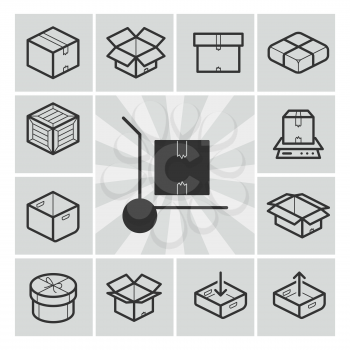 Package icons vector set with boxes, crates, containers. Linear icons, vector illustration