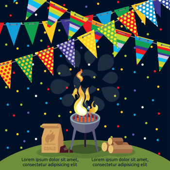 Party or BBQ poster design with colorful flags. Bbq grill party, cooking steak meat, vector illustration