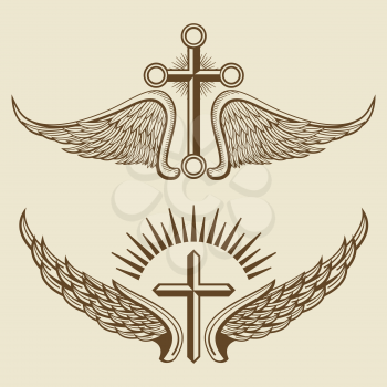 Vintage cross and wings vector elements. Graphic emblem heraldic illustration