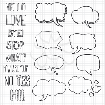 Hand drawn emotional phrases and speech bubbles on notebook backdrop. Vector illustration