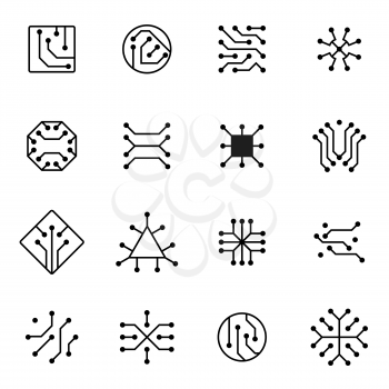 Electronic computer chip circuit and motherboard equipment vector icons. Electronic motherboard circuit illustration of equipment board microchip