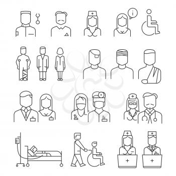 Hospital staff thin line icons set. Specialist and patient, vector illustration
