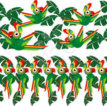 Tropical seamless borders design with palm leaves and parrots. Vector illustration