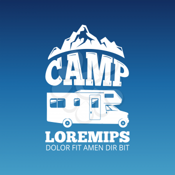 White camping travel label vector design. Adventure design banner illustration
