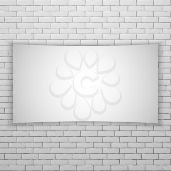 White movie screen or banner on white brick wall. Poster template. Vector illustration
