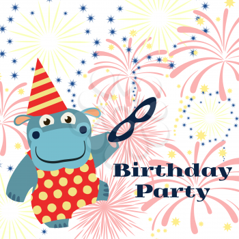 Birthday party background with cartoon hippo with mask and fireworks. Vector illustration