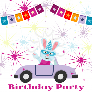 Birthday party postcard background template with bunny in the car fireworks and banners. Vector illustration
