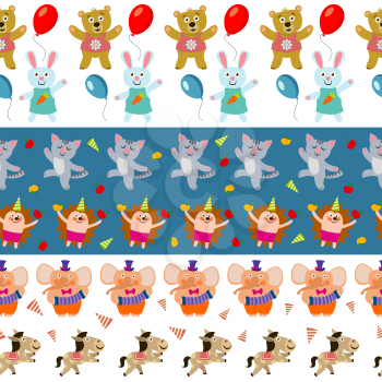 Cute birthday seamless borders with cartoon amimals. Background vector illustration
