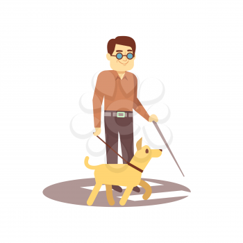 Dog companion and blind man on walk isolated on white background - blind person and guide dog. Vector pet companion and blind man person illustration