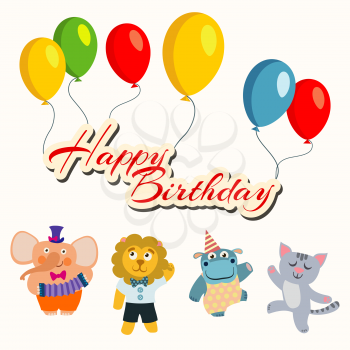 Happy birthday banner with balloons and cartoon dancing animals happy elephant and lion, hippo and cat, vector illustration