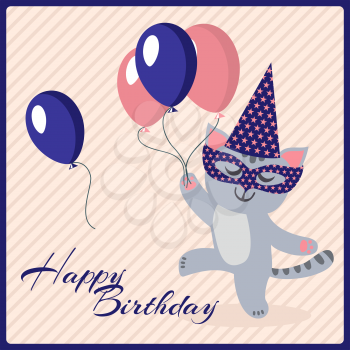 Happy birthday postcard template with cute masquerade cat and balloons