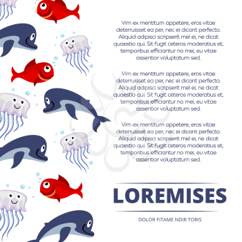 Wild sea animals poster design - background with cute dolphin, fishes and jellyfish. Vector illustration