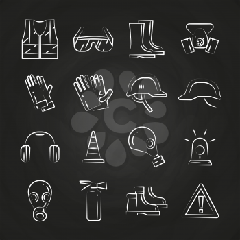 Personal protective equipment thin line icons on chalkboard design. Vector illustration