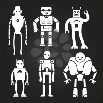 White robots and cyborgs on chalkboard. Robot machine cyborg white silhouette. Vector illustration