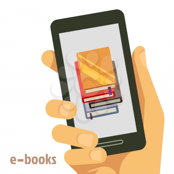 Flat e-books concept with smartphone in hand. E-book library on smartphone device, vector illustration