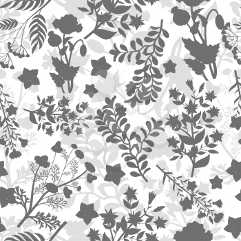 Grey floral seamless pattern design. Background with plants, vector illustration