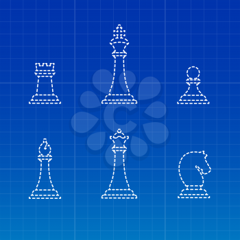 White chess pieces silhouettes on blue notebook backdrop. Vector illustration
