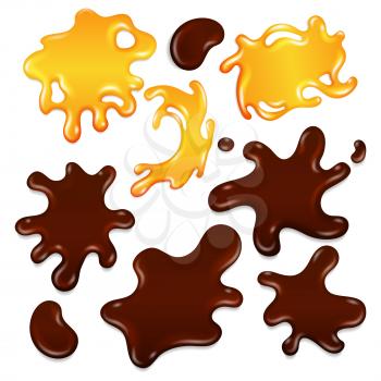 Realistic chocolate and honey drops and blots isolated on white. Vector honey and chocolate sweet dessert illustration