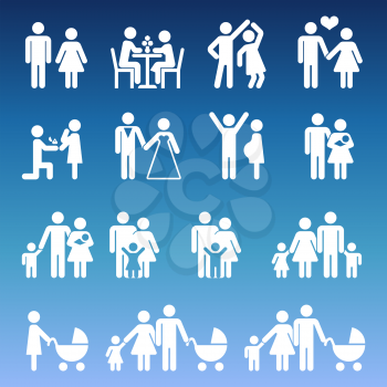 Young family life pictograms - white parents and kids icons. Vector illustration