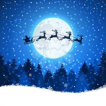 Christmas background with Santa and deers flying on the sky. Xmas concept reindeer and santa claus illustration