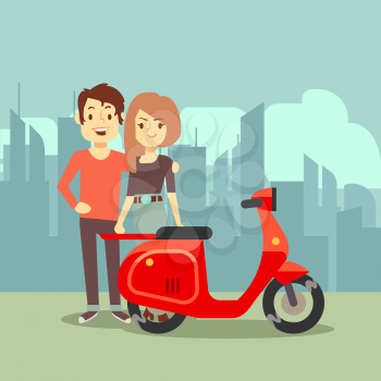 Cute cartoon young lovers and bike on city landscape - modern date concept. Vector illustration