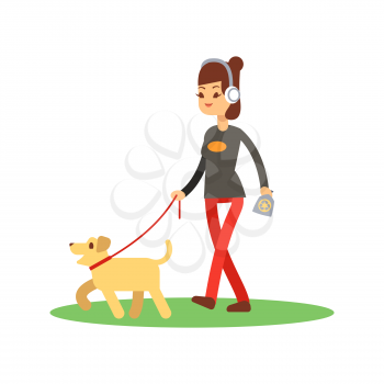 Dogs clean walking concept - girl walks dog isolated on white. Vector walking with dog illustration