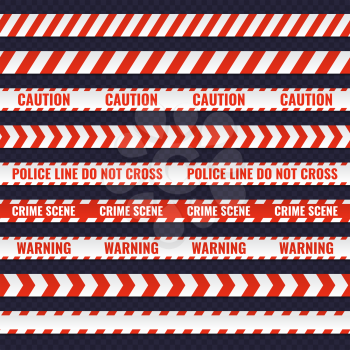 Set of red and white seamless police lines. Crime scene ribbon and security line barrier, vector illustration