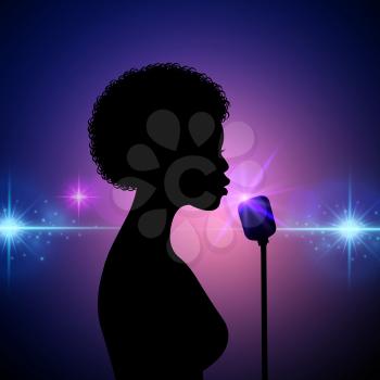 Silhouette of a female singer on an abstract background. Vector performer woman on concert, girl performing on stage illustration