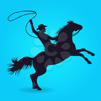 Silhouette of cowboy with lasso riding on horse. Silhouette of male rider cowboy with lasso. Vector illustration
