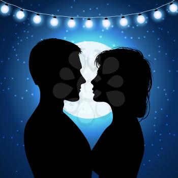 Silhouettes of couple on the moonlight background. Couple man and woman love silhouette in moonlight. Vector illustration