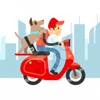 Travel with pets - young man on moto with dog and city landscape. Boy with dog on moped ride, vector illustration