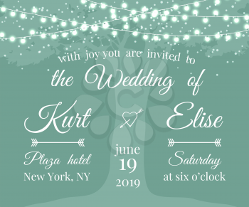 Wedding Invitation with tree and light garlands. Banner wedding invitation. Vector illustration