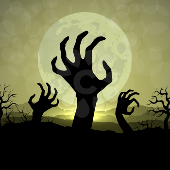 Zombi hands in Halloween night on the moon background. Vector zombie hand silhouette in moonlight halloween night illustration