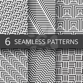 Striped geometric vector seamless patterns set. Kinetic art endless wallpapers. Illustration of geometric monochrome texture collection