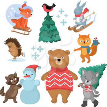 Christmas and winter holiday funny animals vector collection. Christmas animal and snowman illustration