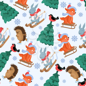Christmas forest animals vector seamless pattern. Funny woodland animal characters repeat background. Christmas winter animal seamless pattern illustration