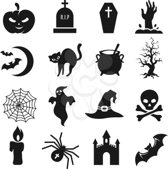 Halloween black silhouette icons. Pumpkin and spider, bat and tombstone vector silhouettes