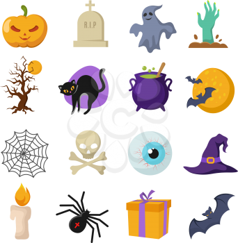 Halloween cartoon vector cute characters. Ghost and witches hat, pumpkin and bat icons