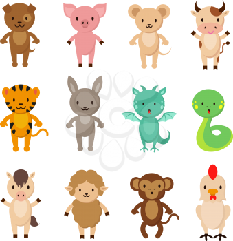 Chinese zodiac animals cartoon vector characters set. Dragon and snake, dog and rabbit, horse and monkey, tiger and pig illustration