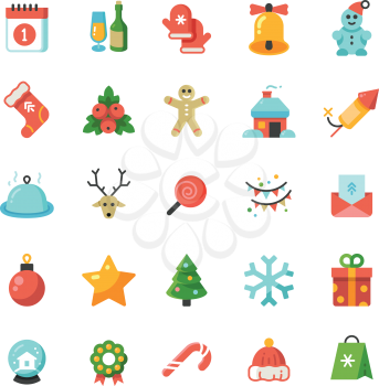 Funny christmas and new year holiday cartoon flat vector icons. Christmas elements icon collection illustration
