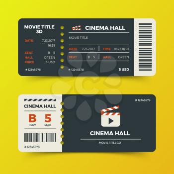 Modern cinema movie tickets vector design. Ticket to cinema hall 3d film illustration