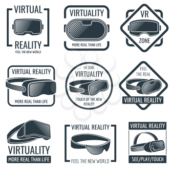 Futuristic helmet virtual reality headset logos. Vr glasses head-mounted display vector labels. Device for reality virtual, illustration of head helmet
