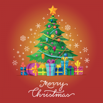 Merry Christmas vector greeting card with Xmas tree. Holiday celebration new year with tree illustration
