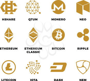 Popular cryptocurrency bitcoin blockchain vector symbols. Virtual money bitcoin and cryptocurrency, ethereum and litecoin illustration