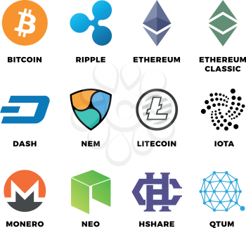 Cryptocurrency bitcoin, litecoin ethereum vector flat icons. Bitcoin and ethereum, litecoin and digital finance money illustration