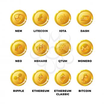 Cryptocurrency gold coins with bitcoin, litecoin ethereum symbols vector. Set of golden coin bitcoin and ethereum, litecoin and blockchain illustration